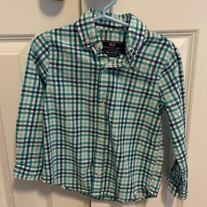 Vineyard vines 3t dress shirt. White with green and blue stripes.